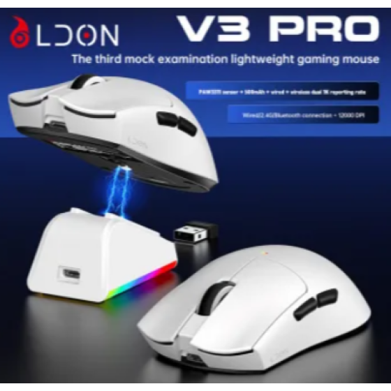 Chuột gaming Magic LDON V3 PRO | 3 Mode, Dock sạc, Trắng